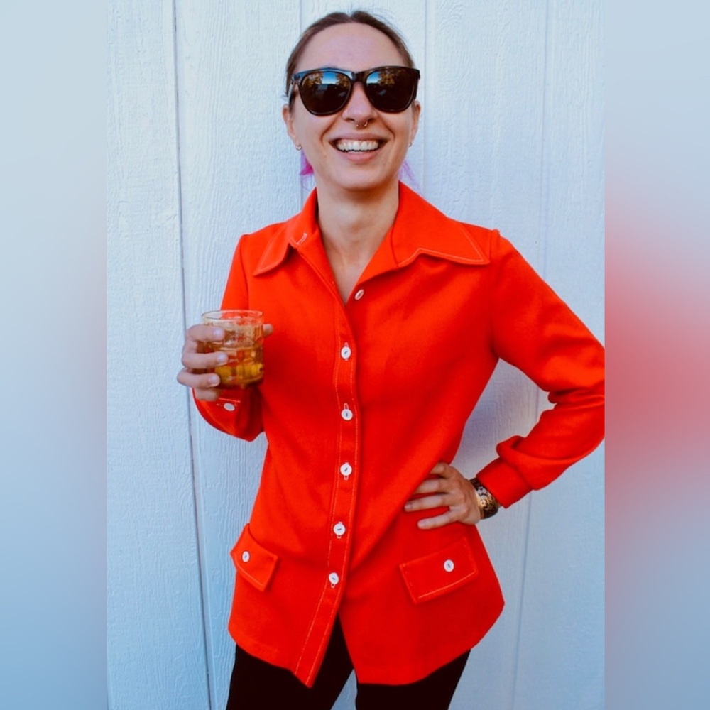 Bright Red Vintage Long Sleeved Collared Blouse Jacket/ NPC Fashions